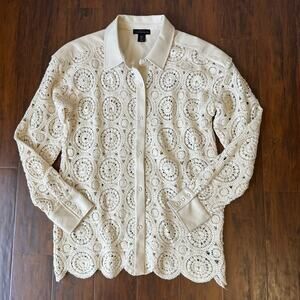 HOUSE OF HARLOW 1960 Top Cream Crochet Faux Leather Button Up Preppy